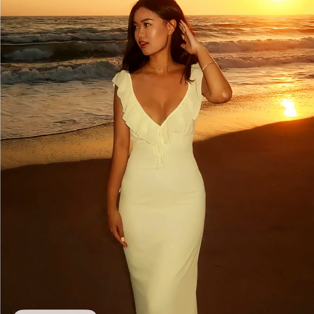 Elegant Cream Maxi Dress With Ruffle V-Neck